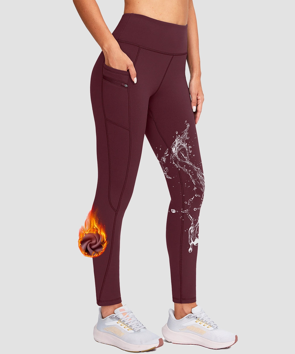 women's fleece-lined with pockets leggings in wine - pocket details view