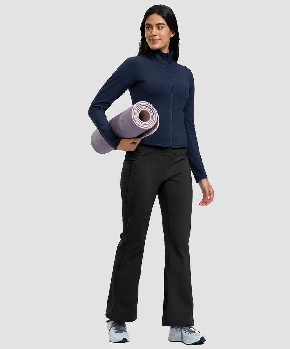 women's fleece lining zip pockets flare leggings in black - matching outfits view