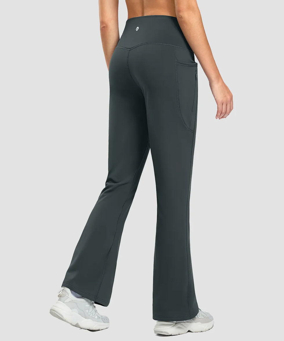 women's fleece lining zip pockets flare leggings in dark gray - back view