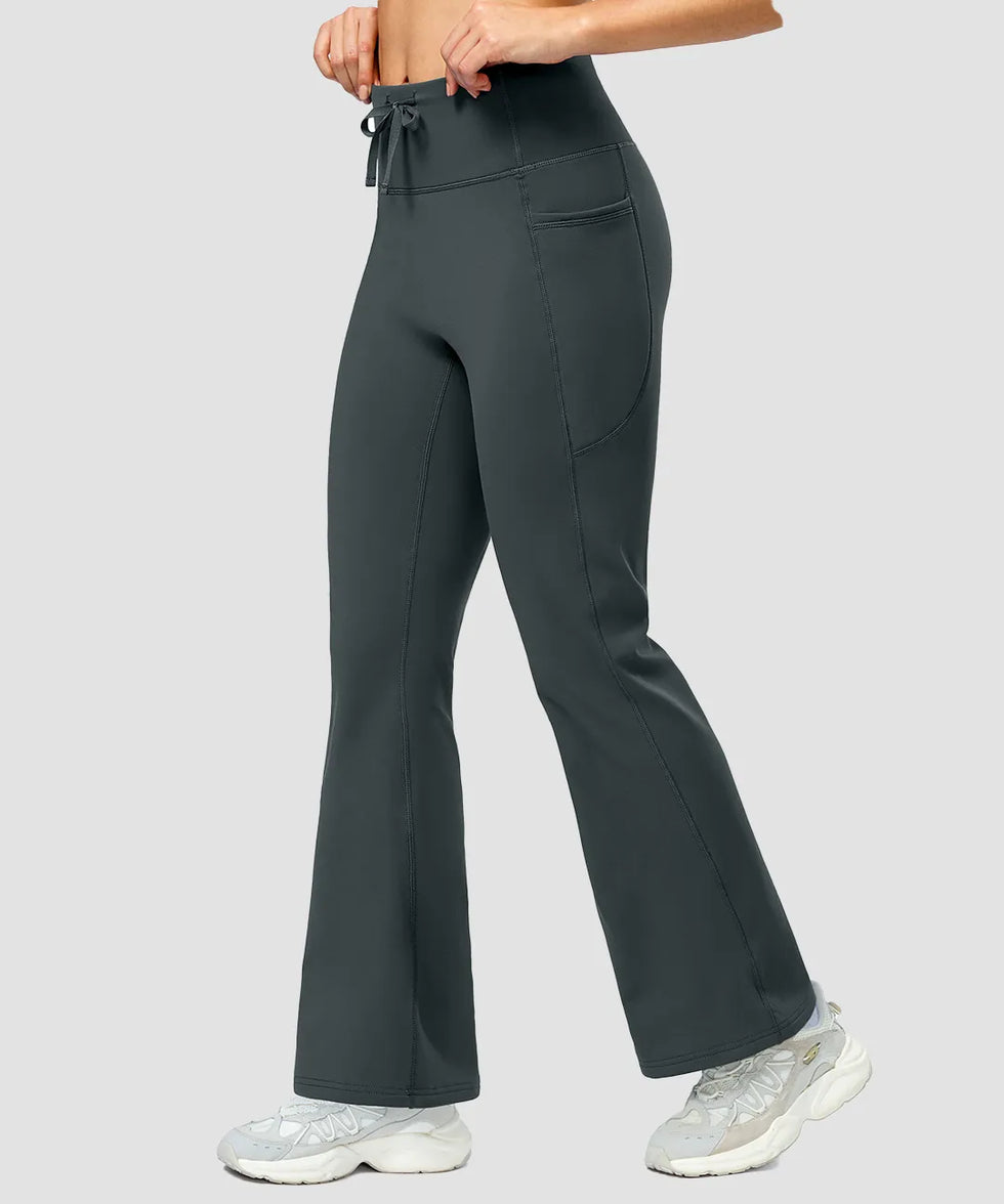 women's fleece lining zip pockets flare leggings in dark gray - side view