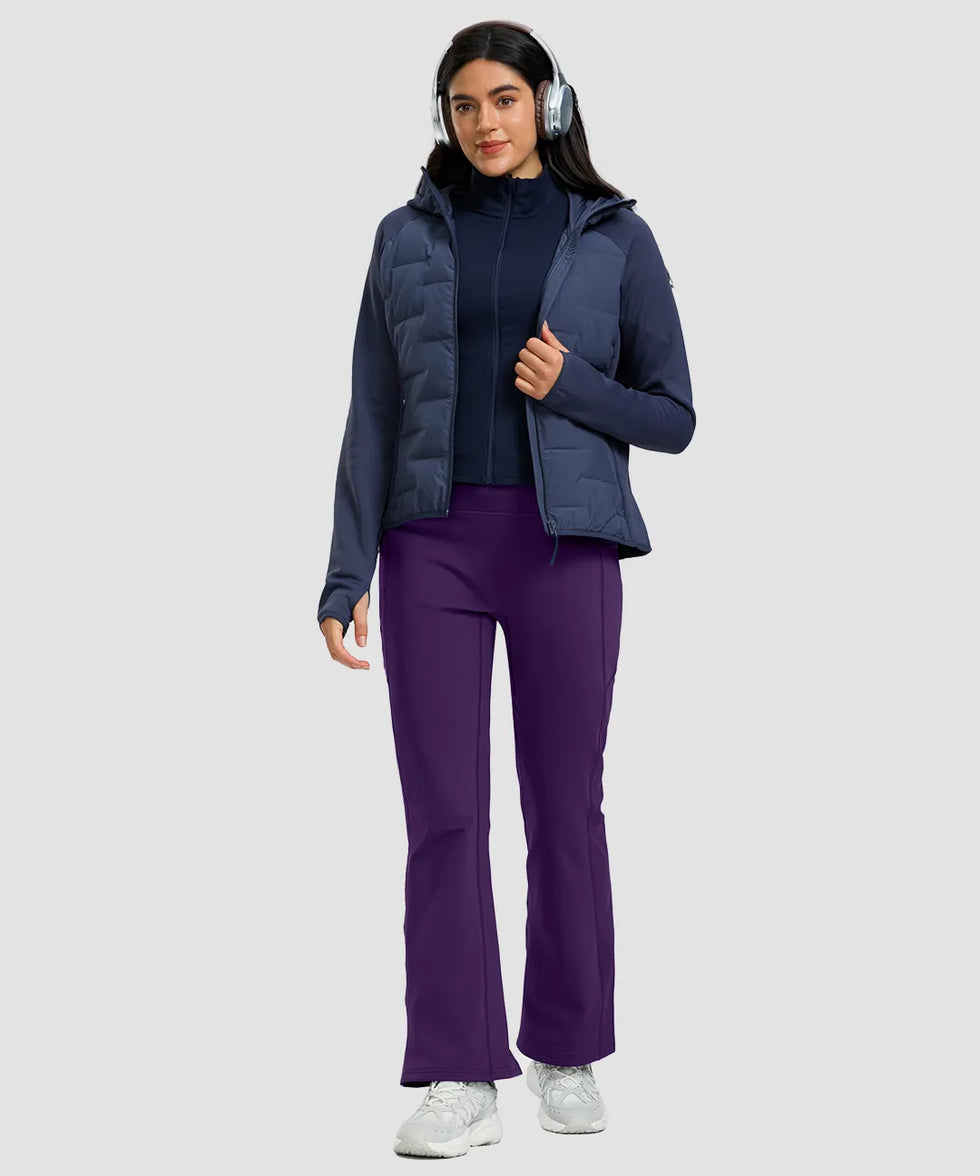 women's fleece lining zip pockets flare leggings in deep purple - front view