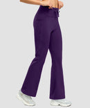 women's fleece lining zip pockets flare leggings in deep purple - zipper pocket detail view