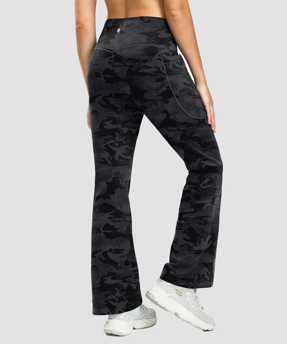 women's fleece lining zip pockets flare leggings in gray camo - back view