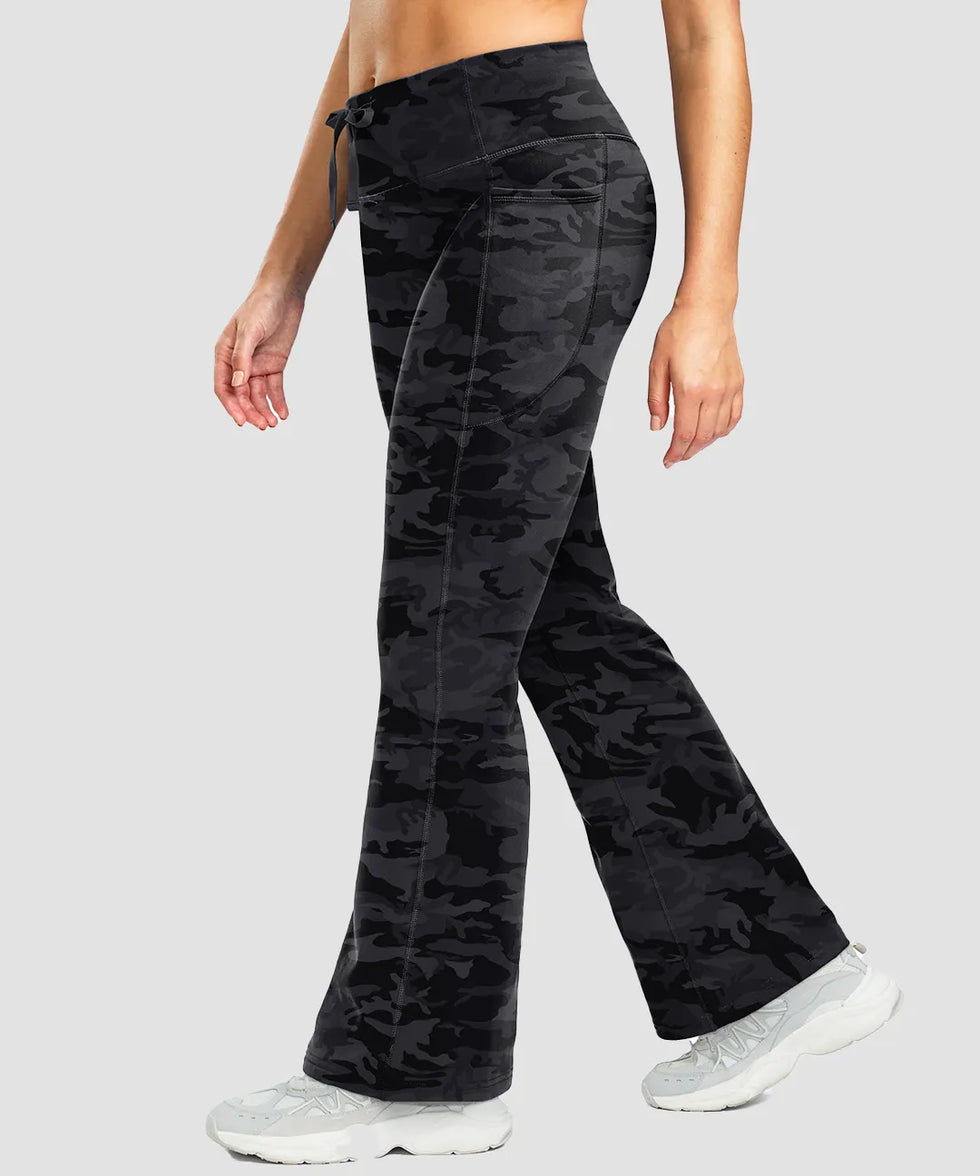 women's fleece lining zip pockets flare leggings in gray camo - side view