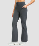 women's fleece lining zip pockets flare leggings in heather charcoal - zipper pocket detail view