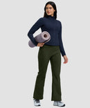 women's fleece lining zip pockets flare leggings in olive green - front view