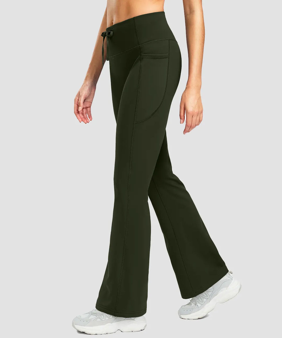 women's fleece lining zip pockets flare leggings in olive green - side view