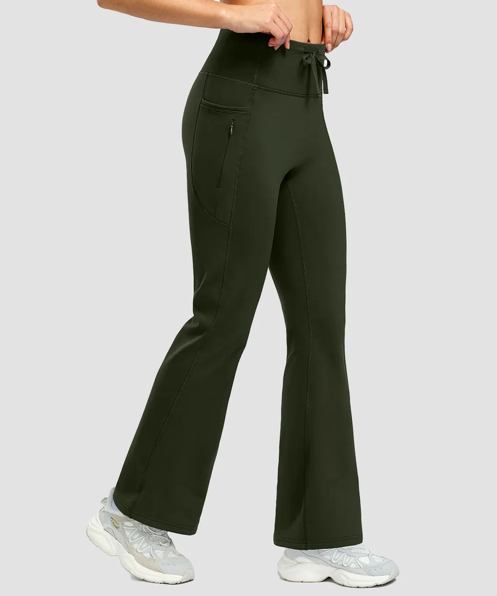 women's fleece lining zip pockets flare leggings in olive green - zipper pocket detail view