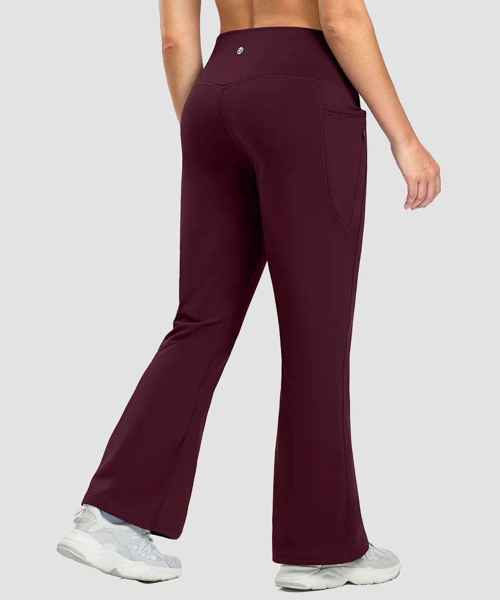 women's fleece lining zip pockets flare leggings in wine - back view