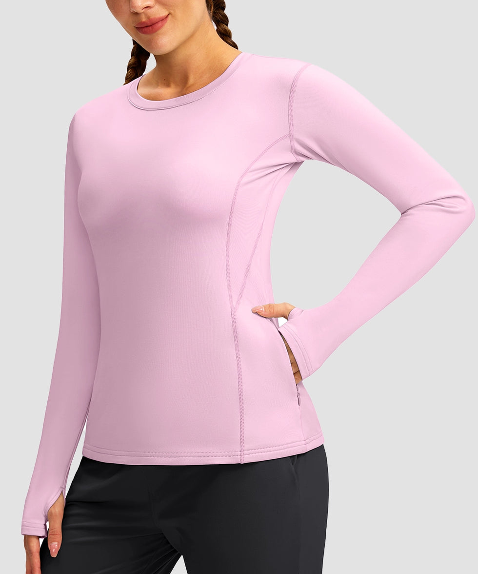women's fleece zipper pockets base layer in light pink - zipper pocket detail view