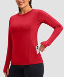 women's fleece zipper pockets base layer in red - zipper pocket detail view
