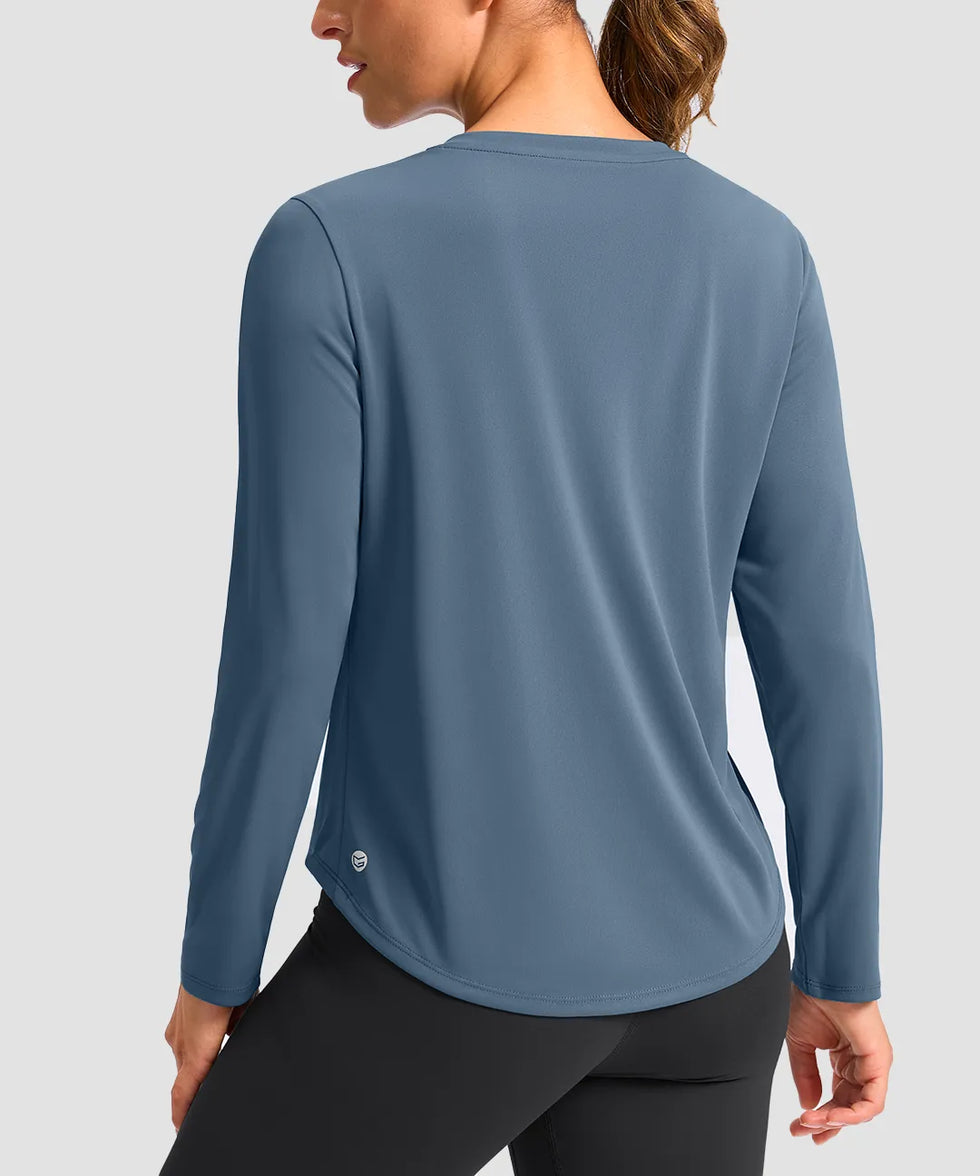 women's g-drykit™ v-neck athletic long sleeve in dusty blue - back view