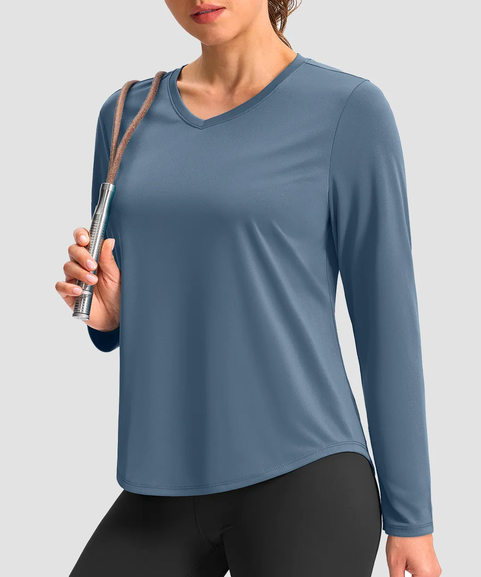women's g-drykit™ v-neck athletic long sleeve in dusty blue - front view