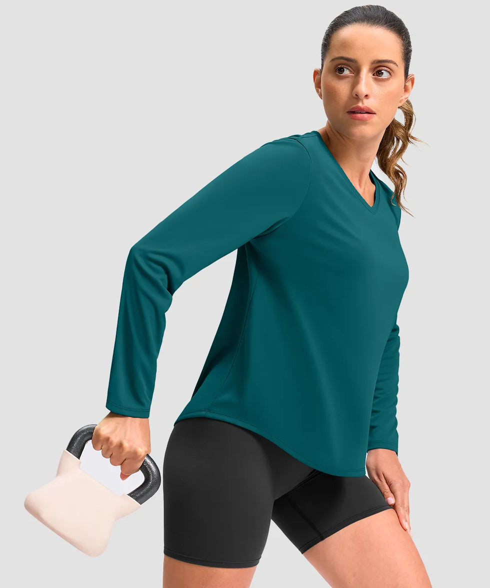 women's g-drykit™ v-neck athletic long sleeve in harbor blue - side view