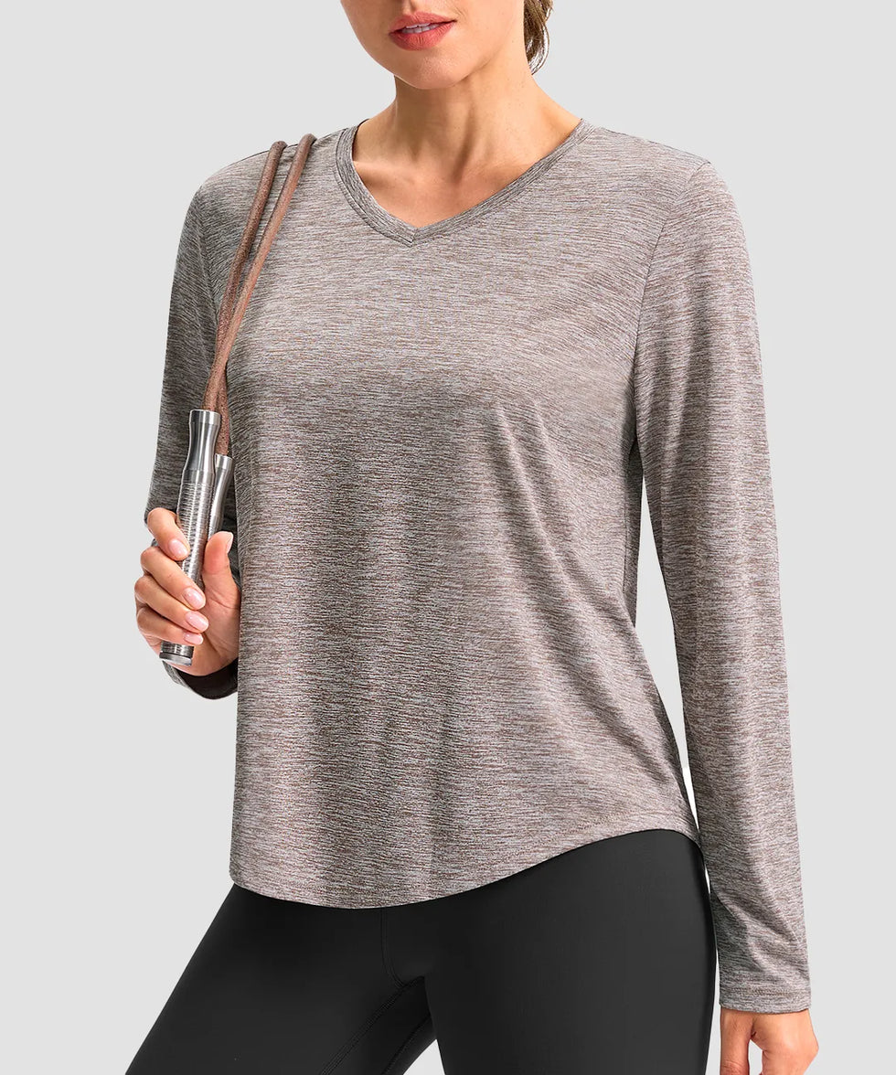 women's g-drykit™ v-neck athletic long sleeve in heather tea brown - front view