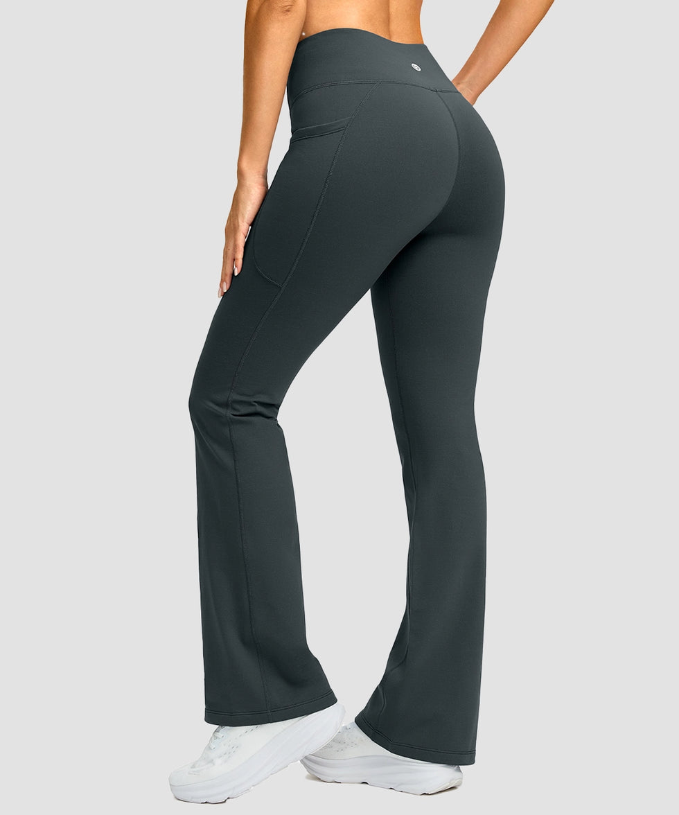 women's hermal with pockets flare leggings in dark gray - back view