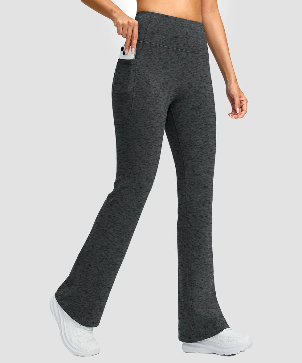 women's hermal with pockets flare leggings in heather gray - pocket details view