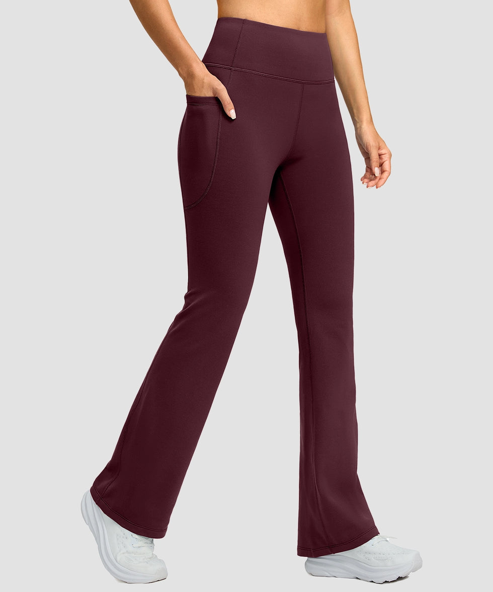 women's hermal with pockets flare leggings in wine - pocket details view