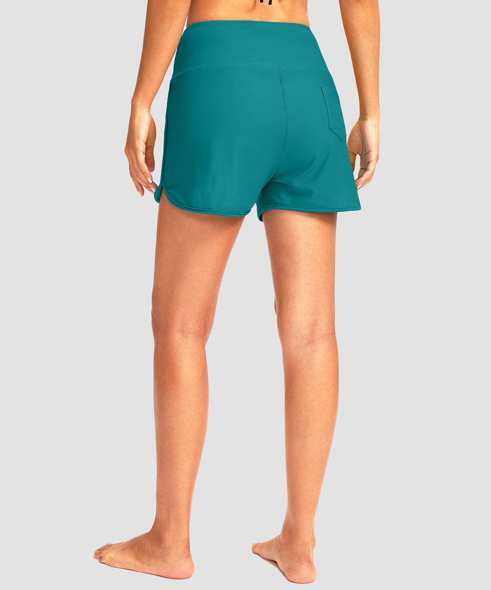 women's high rise slit with pockets shorts 3'' in aqua blue - back view