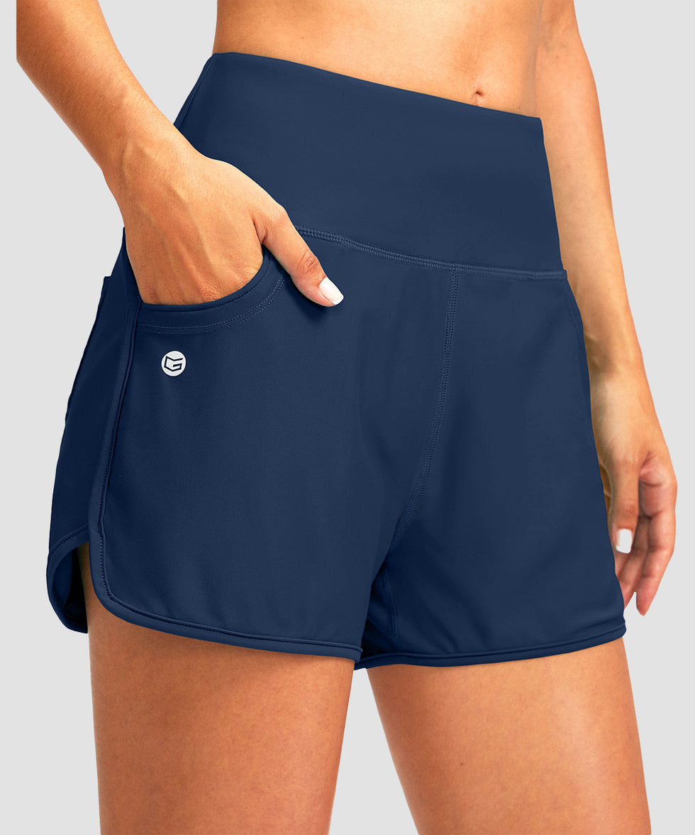 women's high rise slit with pockets shorts 3'' in dark blue - pocket detail view