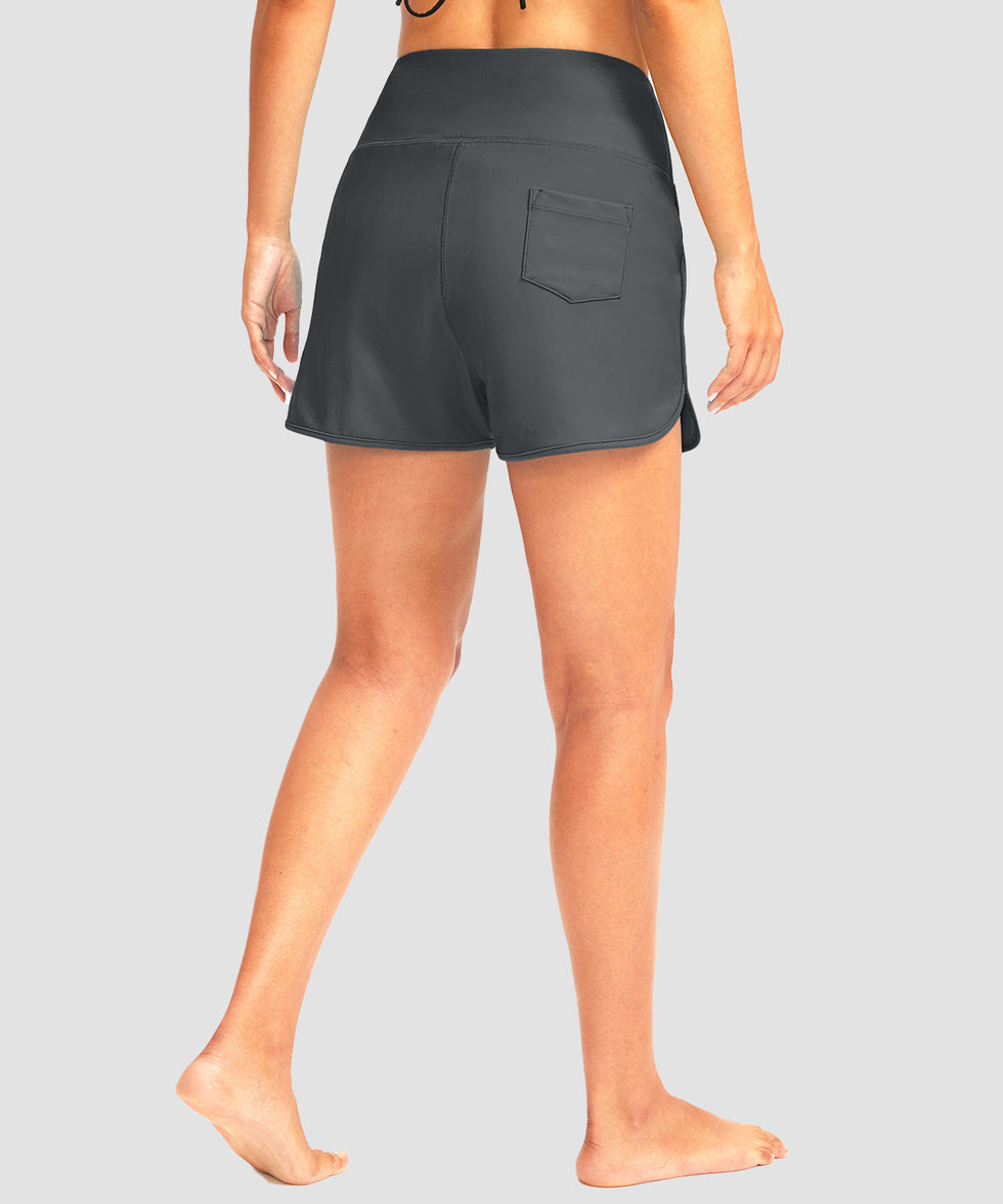 women's high rise slit with pockets shorts 3'' in dark gray - back view