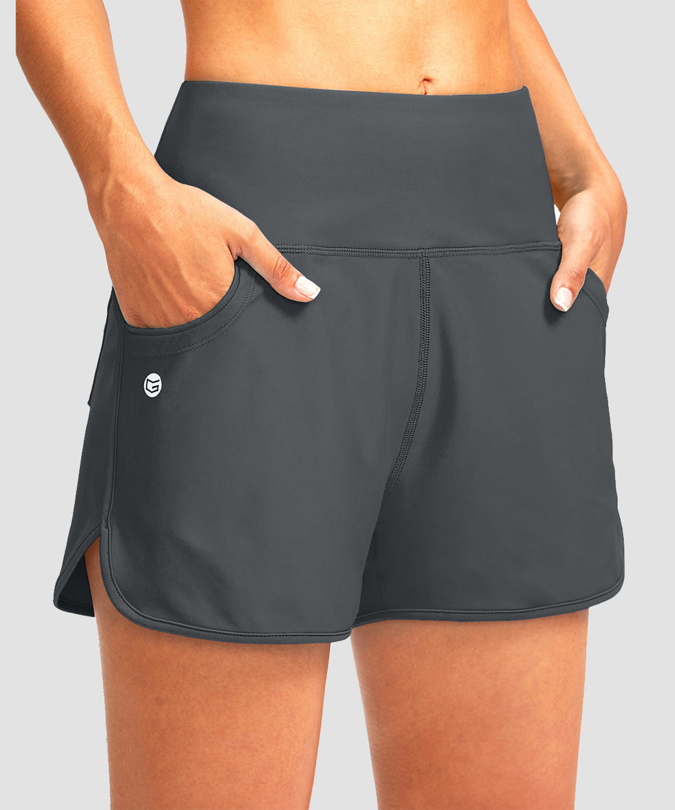women's high rise slit with pockets shorts 3'' in dark gray - pocket detail view