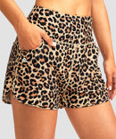 women's high rise slit with pockets shorts 3'' in leopard - pocket detail view