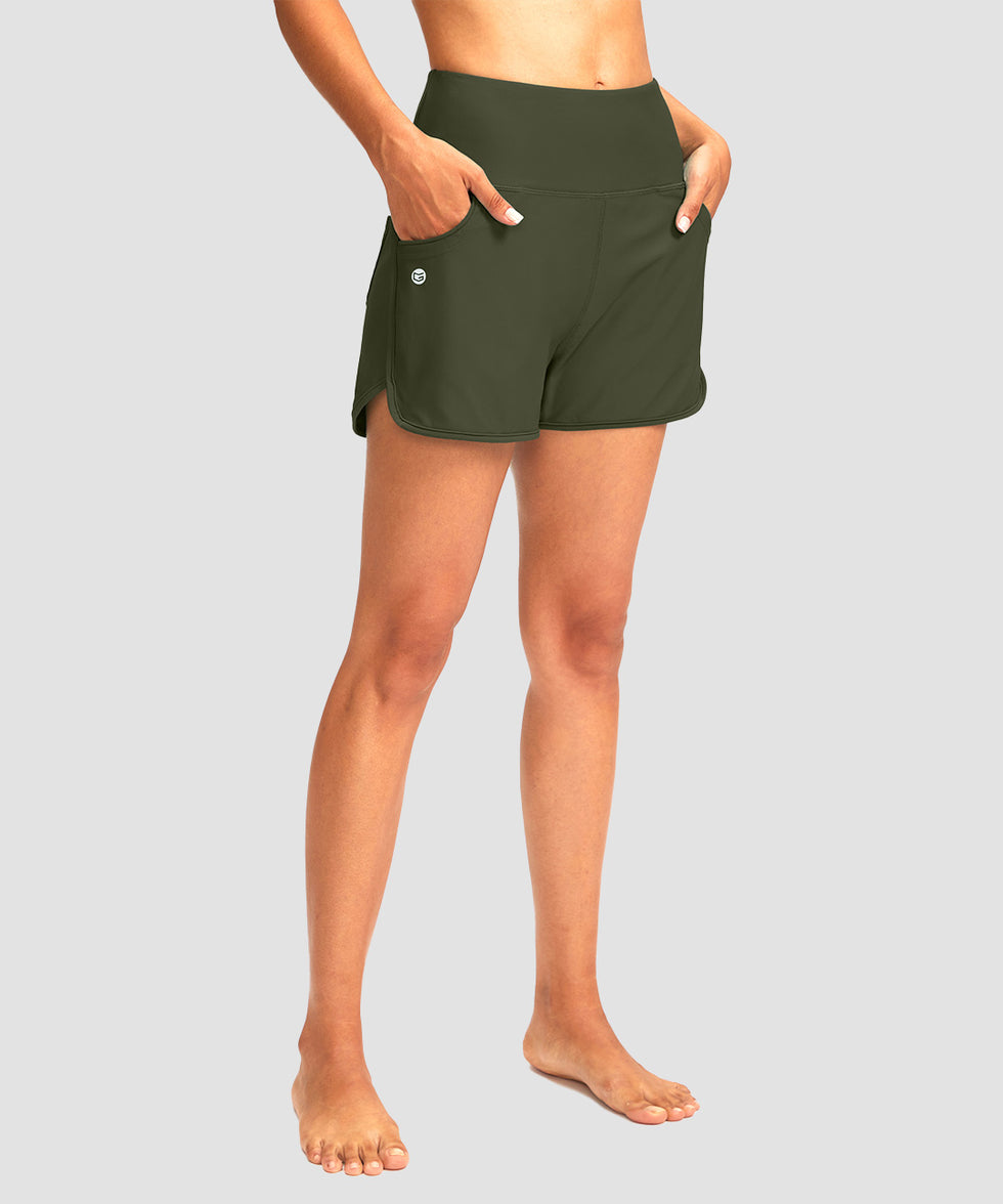 women's high rise slit with pockets shorts 3'' in olive green - front view