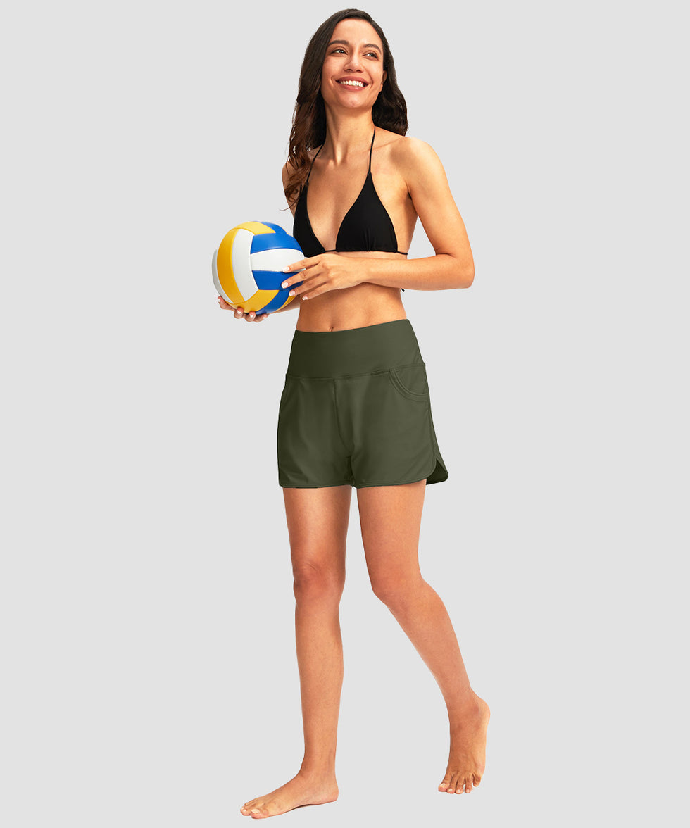 women's high rise slit with pockets shorts 3'' in olive green - matching outfits view