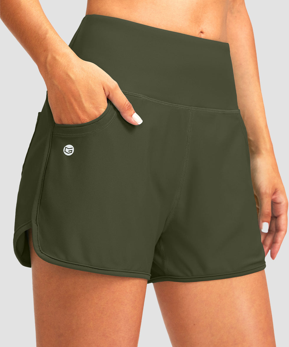 women's high rise slit with pockets shorts 3'' in olive green - pocket detail view
