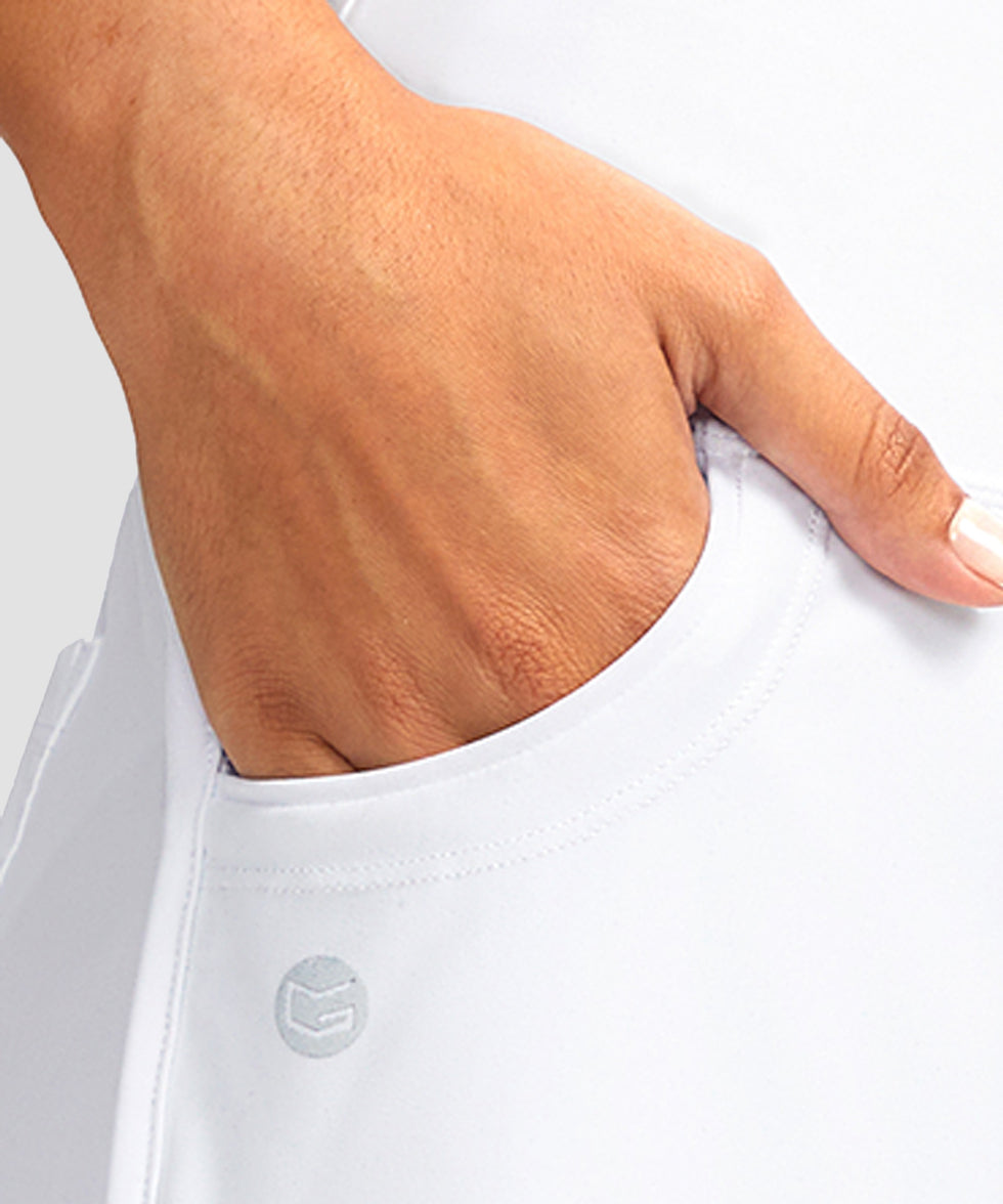 women's high rise slit with pockets shorts 3'' in white - pocket detail view