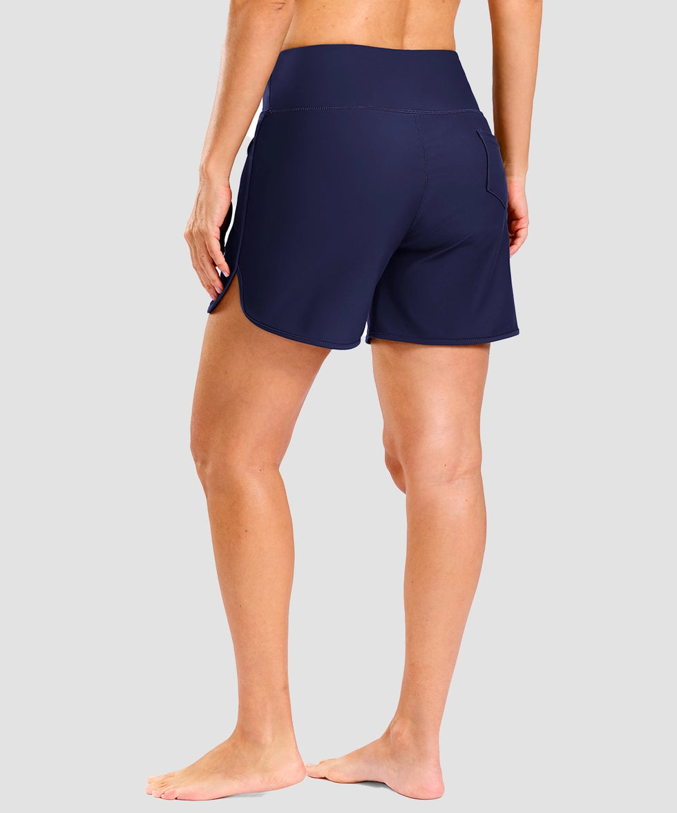 women's high rise slit with pockets shorts 5'' in navy - back view