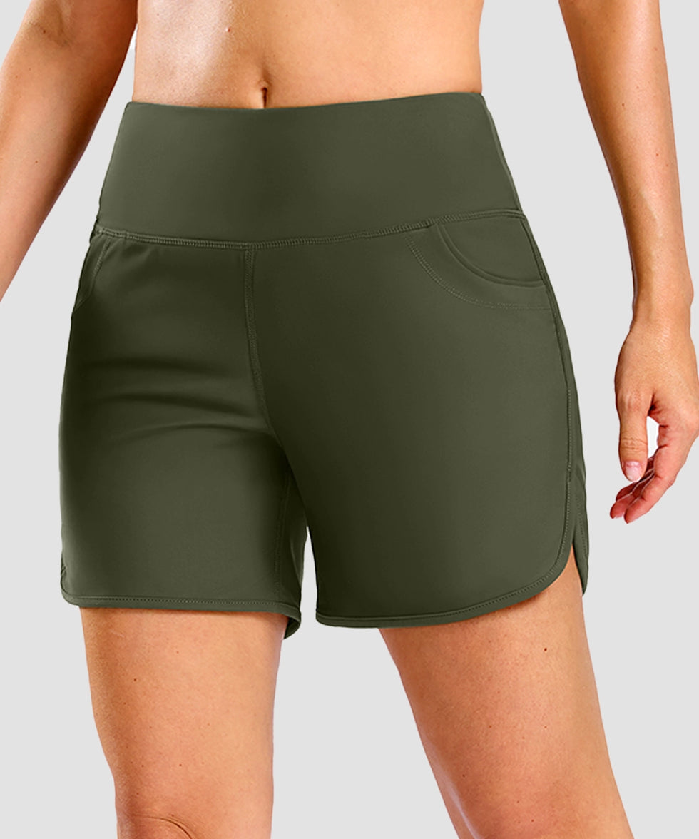 women's high rise slit with pockets shorts 5'' in olive green - front view