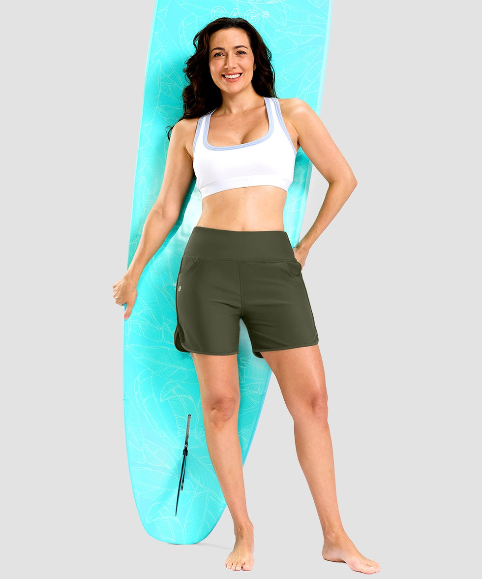 women's high rise slit with pockets shorts 5'' in olive green - side view