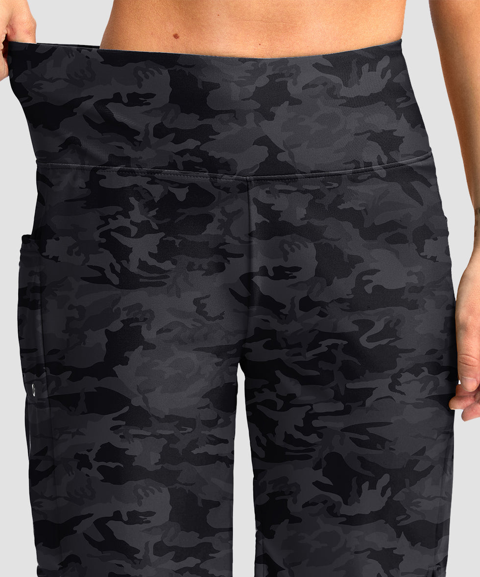 women's high waist lined swim shorts 9' in gray camo - waistband detail view