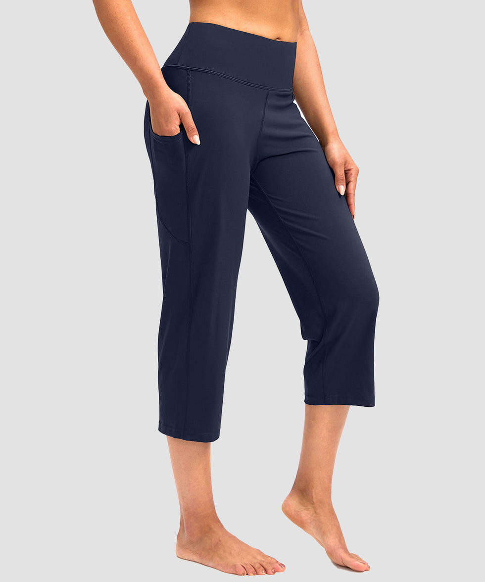 women's high waist straight capris in navy - pocket detail view