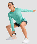 women's hip-length workout long sleeve in heather lake green - matching outfits view