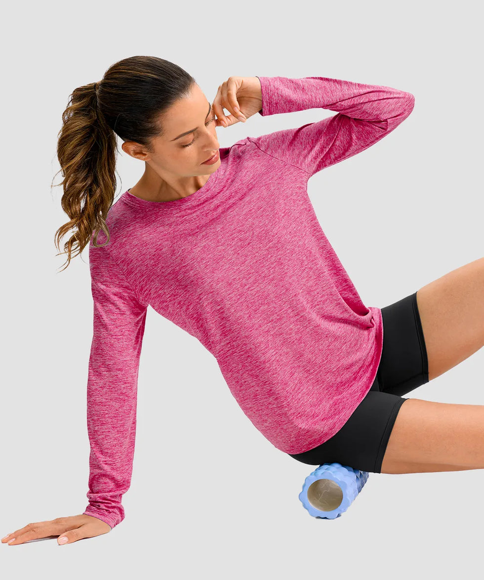 women's hip-length workout long sleeve in heather rose - side view