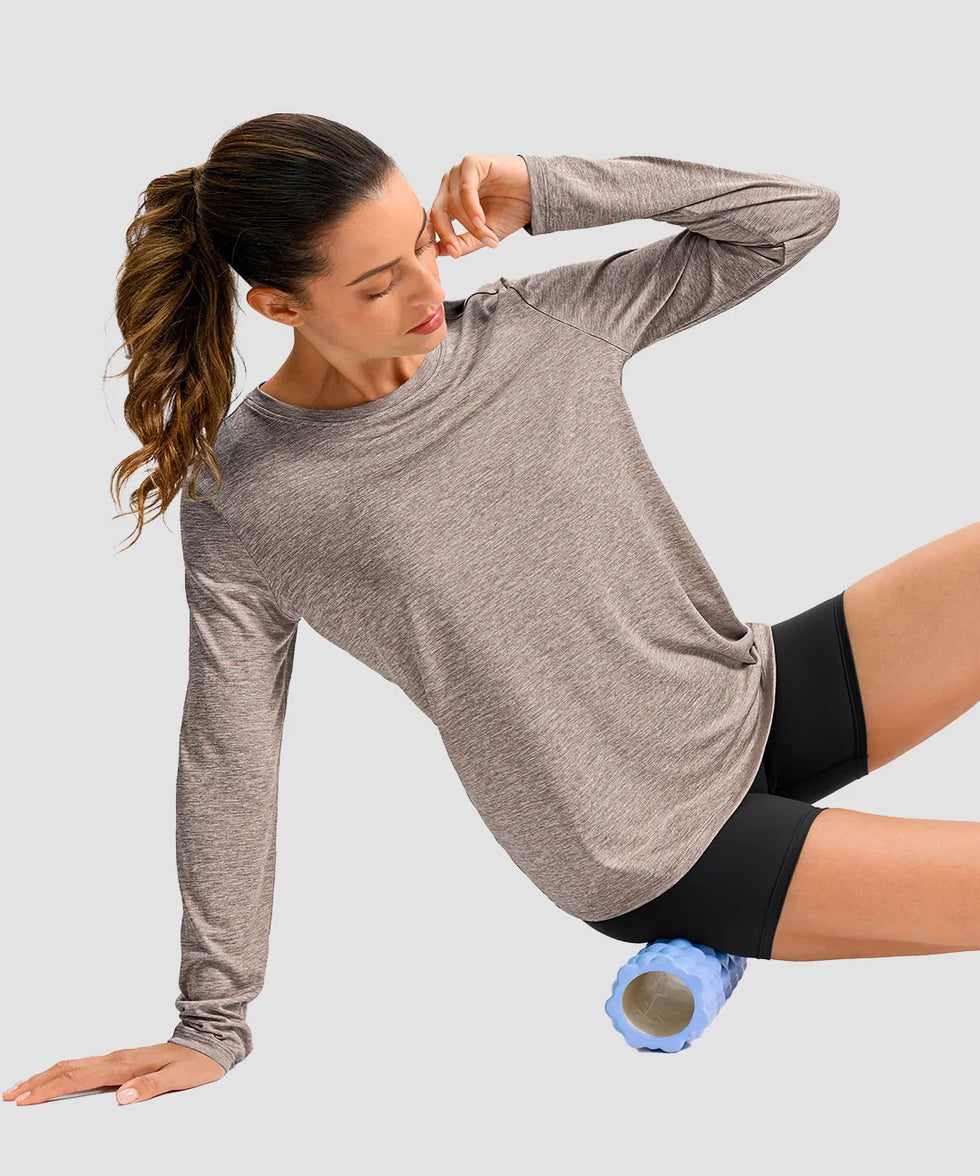 women's hip-length workout long sleeve in heather tea brown - fabric detail view