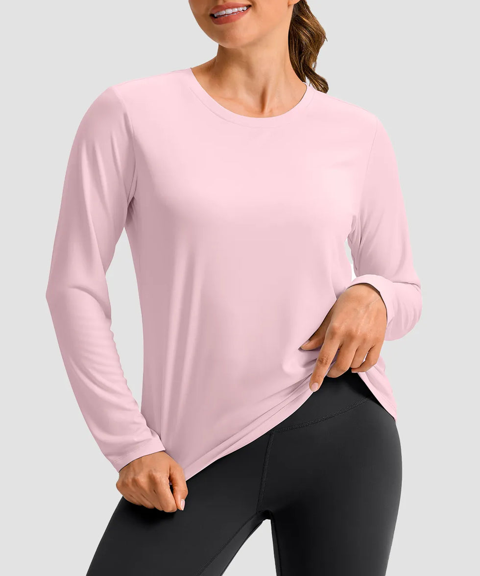 women's hip-length workout long sleeve in light pink - front view