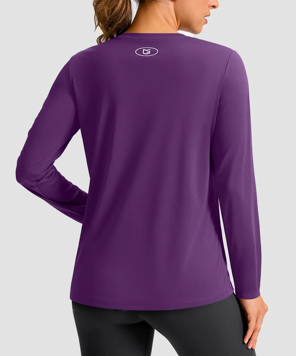 women's hip-length workout long sleeve in purple - back view
