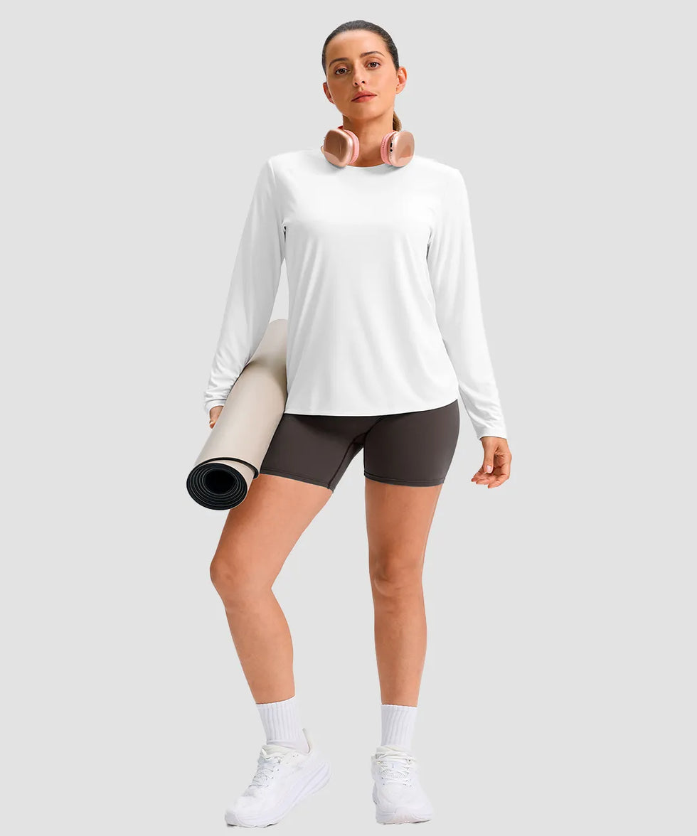 women's hip-length workout long sleeve in white - side view
