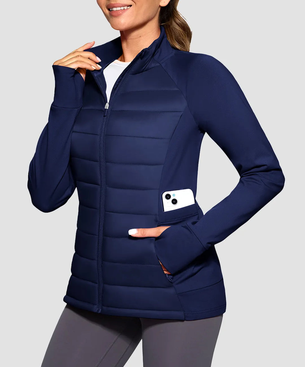 women's lightweight with 6 pockets puffer jacket in navy - zipper pocket detail view