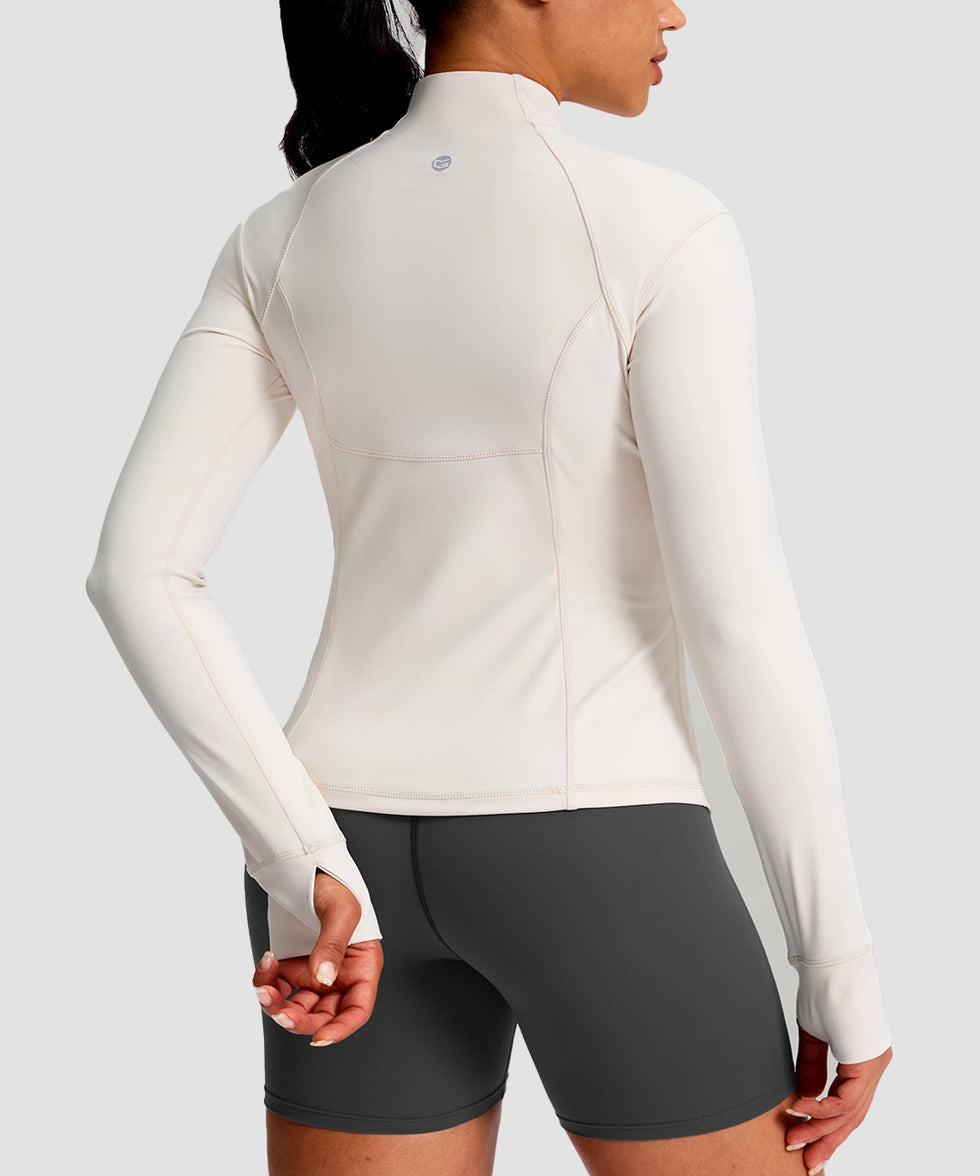 women's longline slim full zip pocketed workout jacket in beige - back view