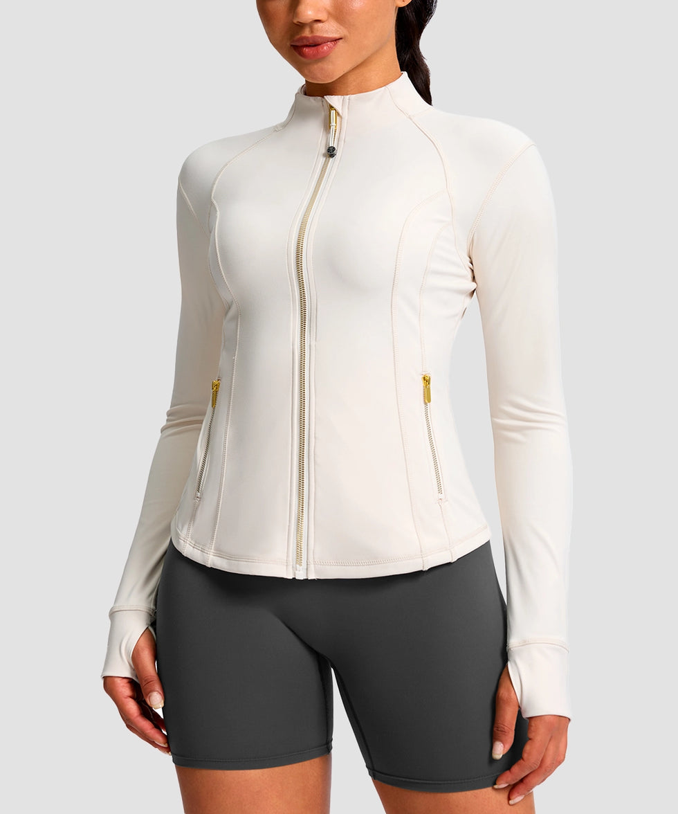 women's longline slim full zip pocketed workout jacket in beige - front view