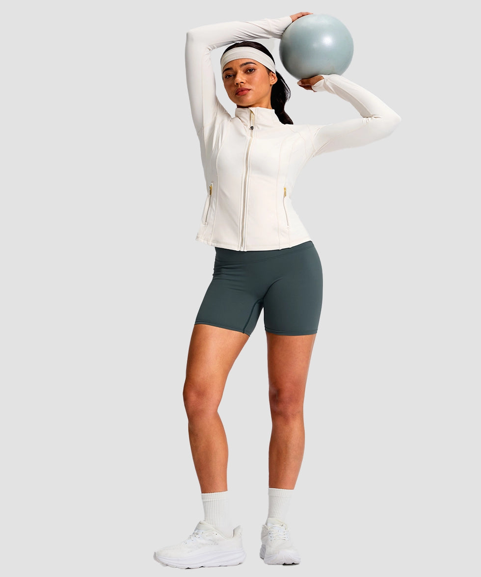 women's longline slim full zip pocketed workout jacket in beige - matching outfits view