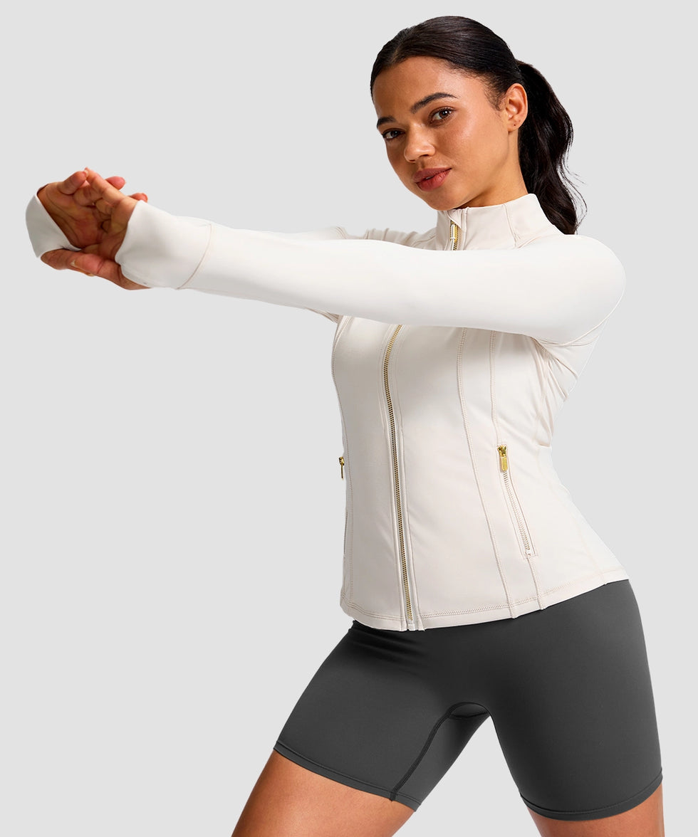 women's longline slim full zip pocketed workout jacket in beige - side view