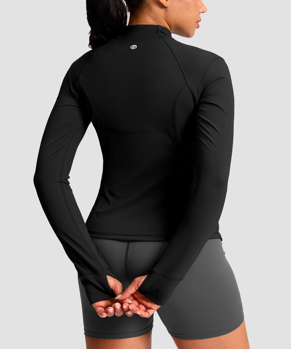 women's longline slim full zip pocketed workout jacket in black - back view