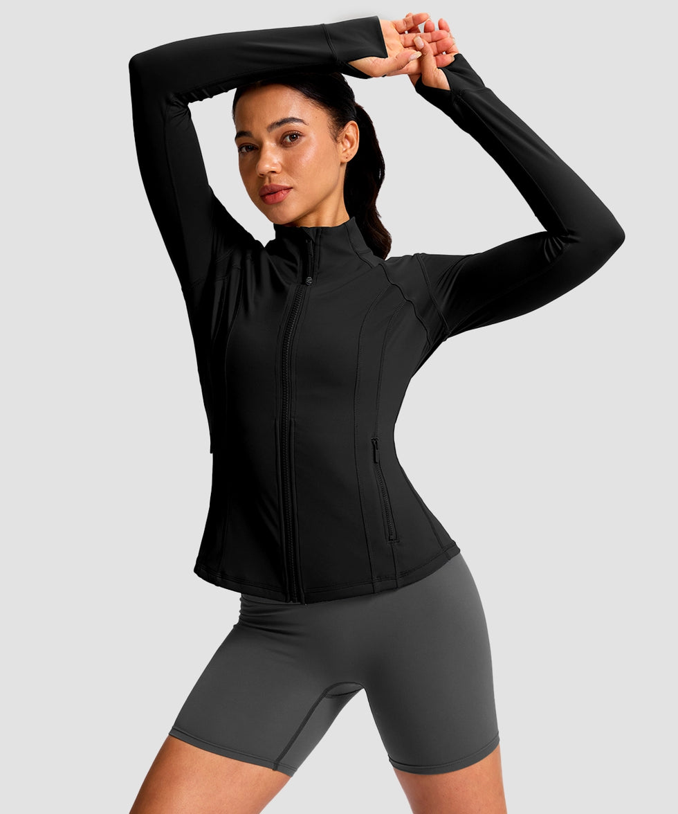 women's longline slim full zip pocketed workout jacket in black - collar detail view