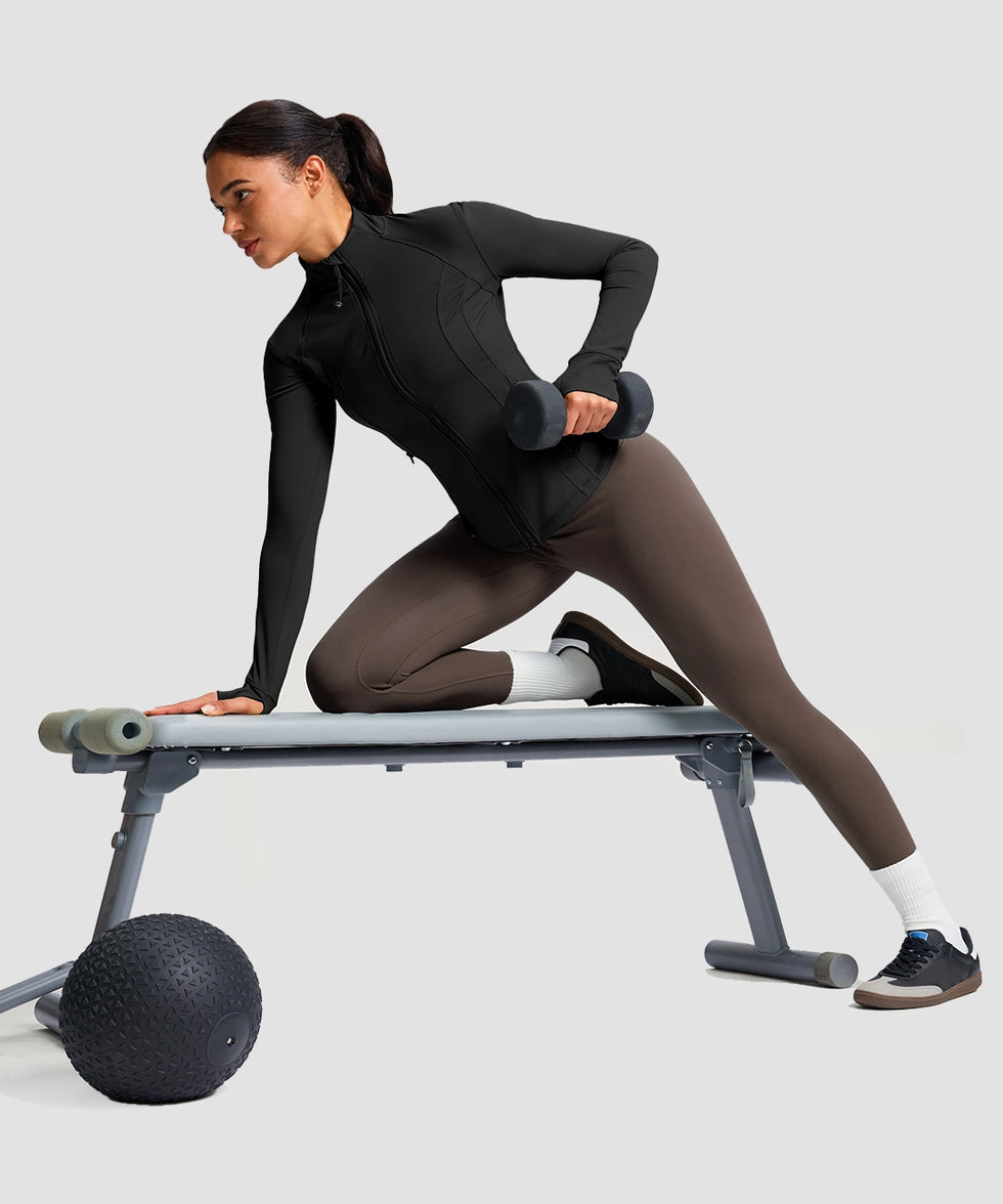 women's longline slim full zip pocketed workout jacket in black - matching outfits view 2